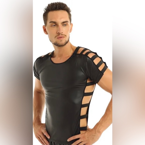 Black Tee in Wet Look Foil Coated Spandex with Elastic Straps - Picture 4 of 9